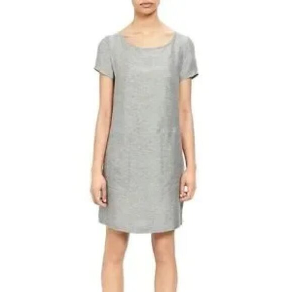 Theory Structured T Twill Linen Short Sleeve Midi Shift Dress Gray Size L Lined - Picture 13 of 16